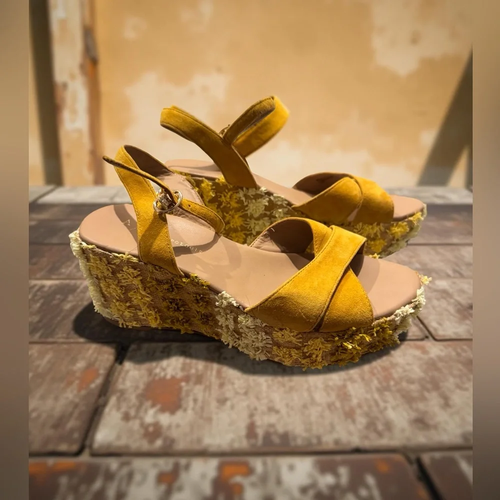 Anthropologie Floral Platform Wedge Sandals Yellow Embellished - Picture 2 of 5